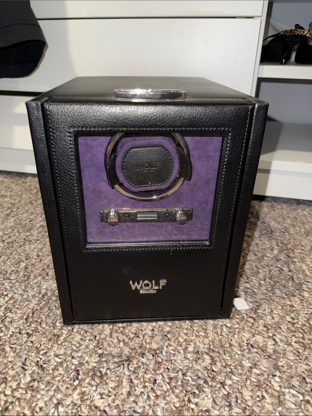 WOLF Black Leather Watch Winder with Purple Suede Panel